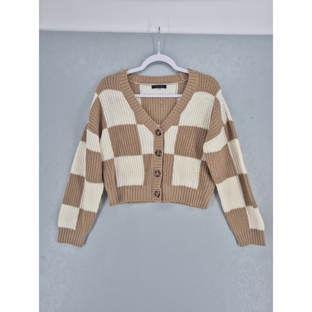 Love Tree Womens Cardigan Checkerboard Tan White Cropped Knit Button Front S - Picture 2 of 6